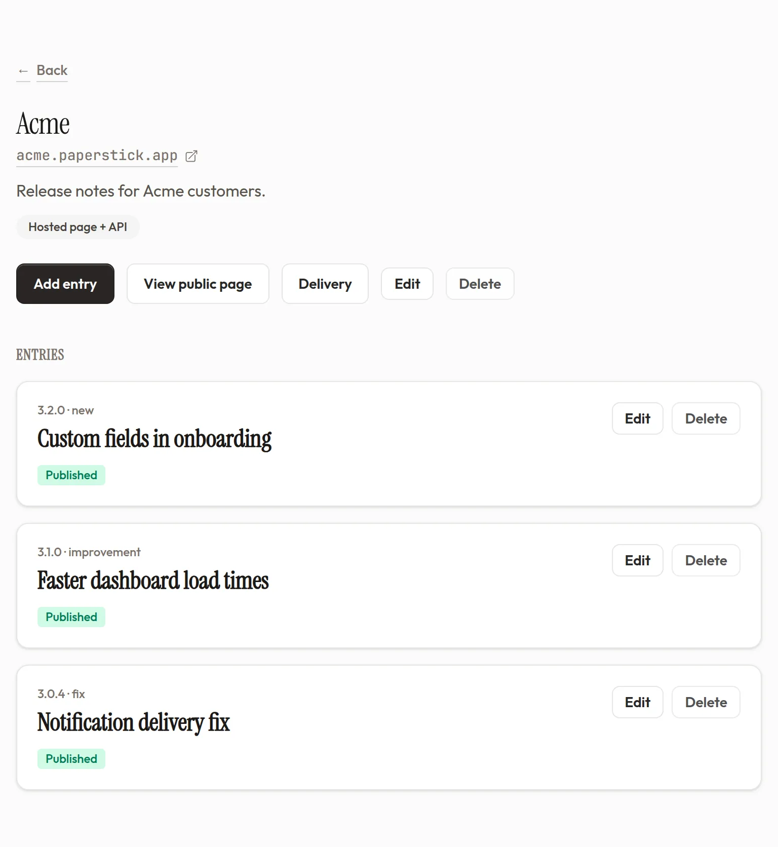 Acme changelog in the dashboard with three published entries
