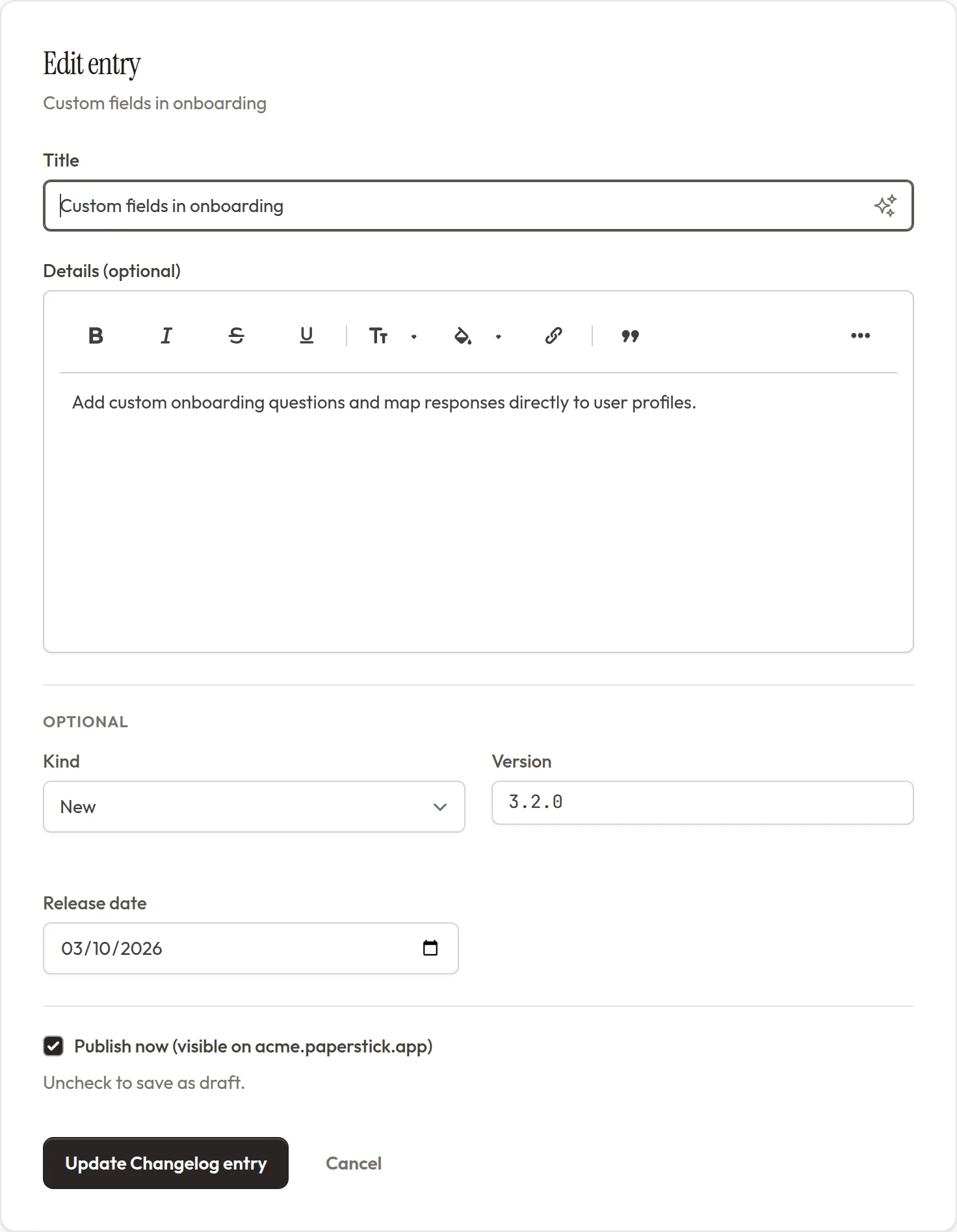 Entry editor with a title, release note, version, and update type