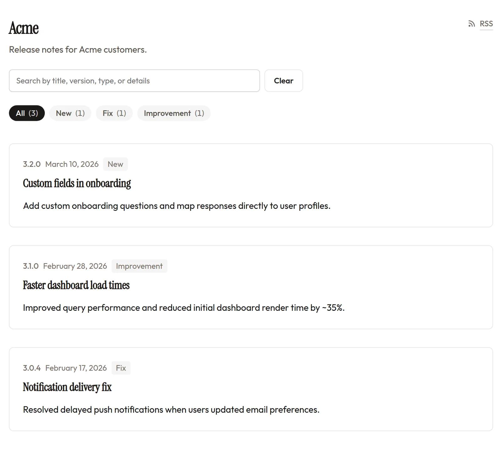 Acme hosted changelog with search, type filters, and three release notes
